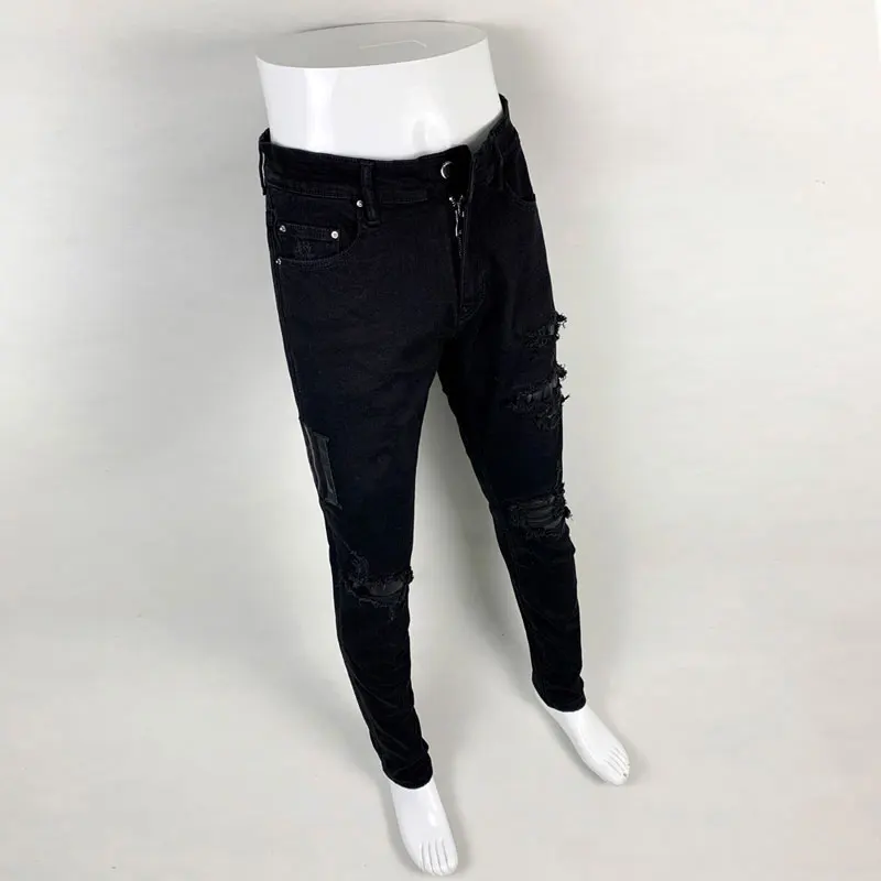 Street Fashion Men Jeans Black Stretch Skinny Fit Ripped Jeans Men Punk Trousers Leather Patched Designer Hip Hop Brand Pants