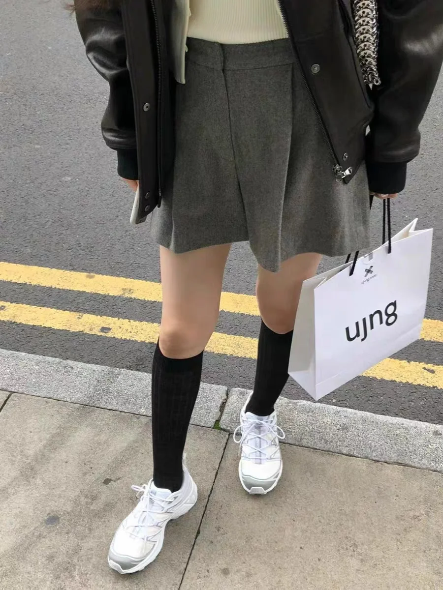 กางเกงขายาวทรงตรงเอวสูงผ้าวูลสำหรับผู้หญิง สไตล์ลำลอง เอวยางยืด ทรงหลวม ใส่ได้หลากหลาย เหมาะสำหรับใส่ไปทำงาน