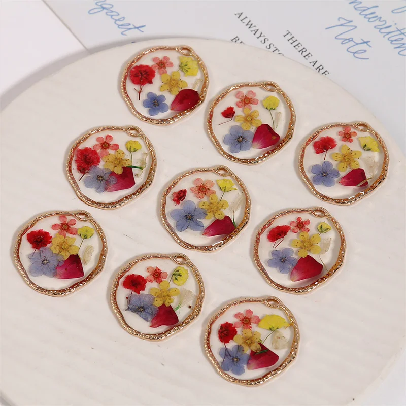 Livraison gratuite 20 pcs/lot couleur naturelle fleur séchée noyau géométrie forme alliage flottant médaillon charme bijoux à bricoler soi-même accessoire de vêtement