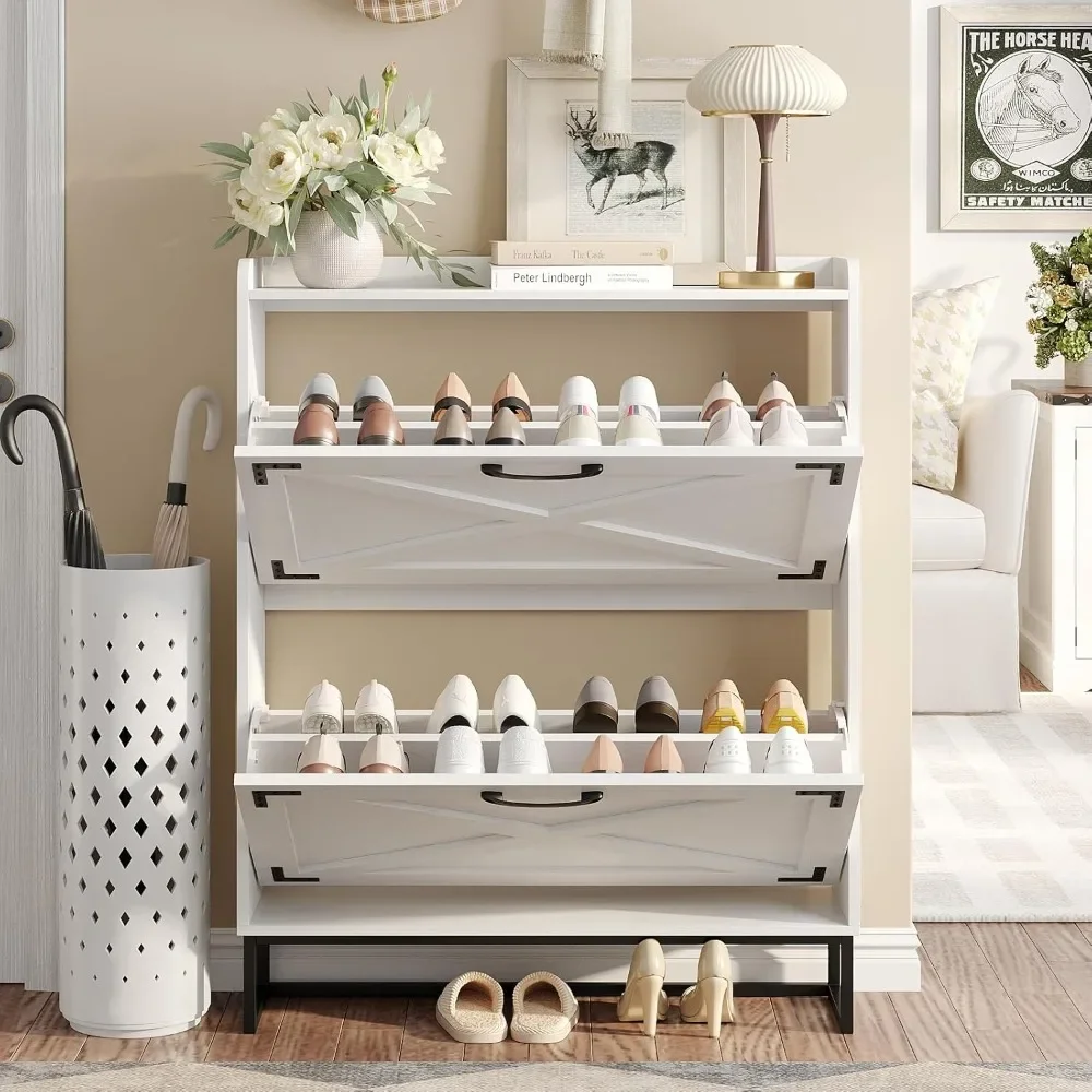 

Shoe Storage Cabinet with 2 Flip Drawers, Freestanding Organizer with Metal Legs for Entryway, Narrow Shoe Rack Cabinet