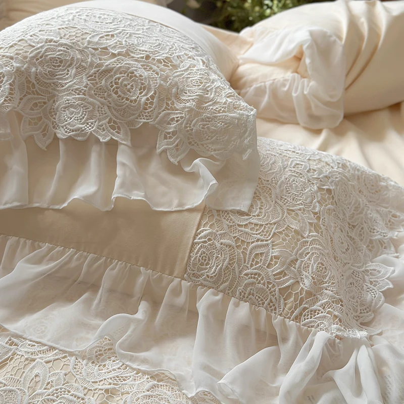 4Pcs Romantic Rose Lace Ruffles Princess 1000TC Egyptian Cotton Brushed Bed Sheet Quilt Cover Pillowcases Wedding Bedding Set