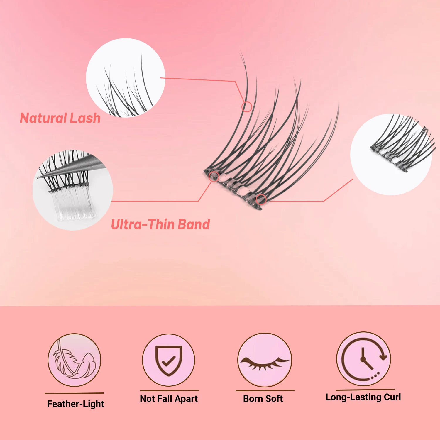 Self-Adhesive Eyelashes, DIY Lash Cluster Eyelash Extension Kit 10-12mm, 60 Pieces Fluffy D Curl Soft Natural Eyelashes with Tweezers Wispy Individual Clusters Natural Look Suitable for Beginners