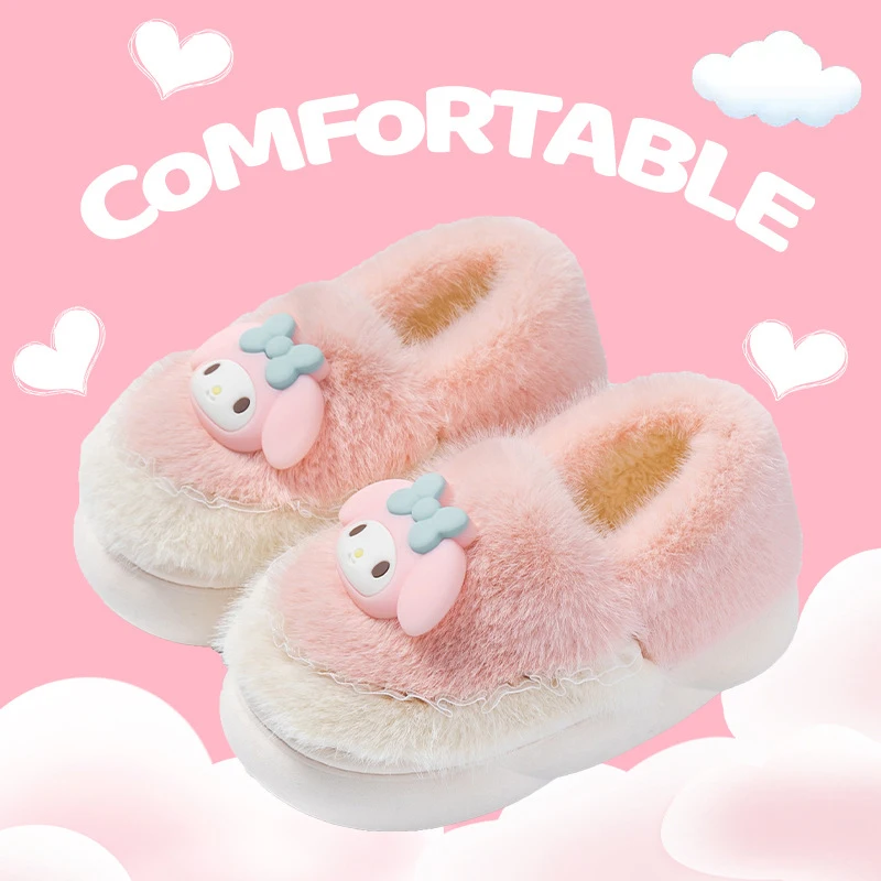 Sanrio Kawaii Slippers Hello Kitty Melody Kuromi Cinnamoroll Winter Warm Cotton Soft Home Shoes Kids Parent-child Holiday Gifts