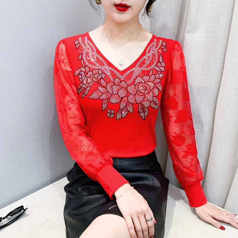 Fall,Clothes,T-Shirt,Chic,Sexy,V-Neck,Shiny,Diamonds,Flower,Patchwork,Lace,Women,Tops,Long Sleeve,Drilling,Hot,Tees,New,6910002