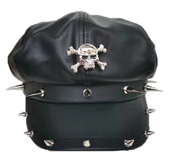 Young Fashion Wild Hat Punk Rock and Roll Beret Leather Cat Long Rivet Casual Short Brim Hat