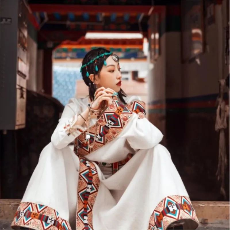 Ethnic Style Cotton and Linen Shirt Tibetan Robe Guozhuo Skirt Travel Trip Shoot Clothes