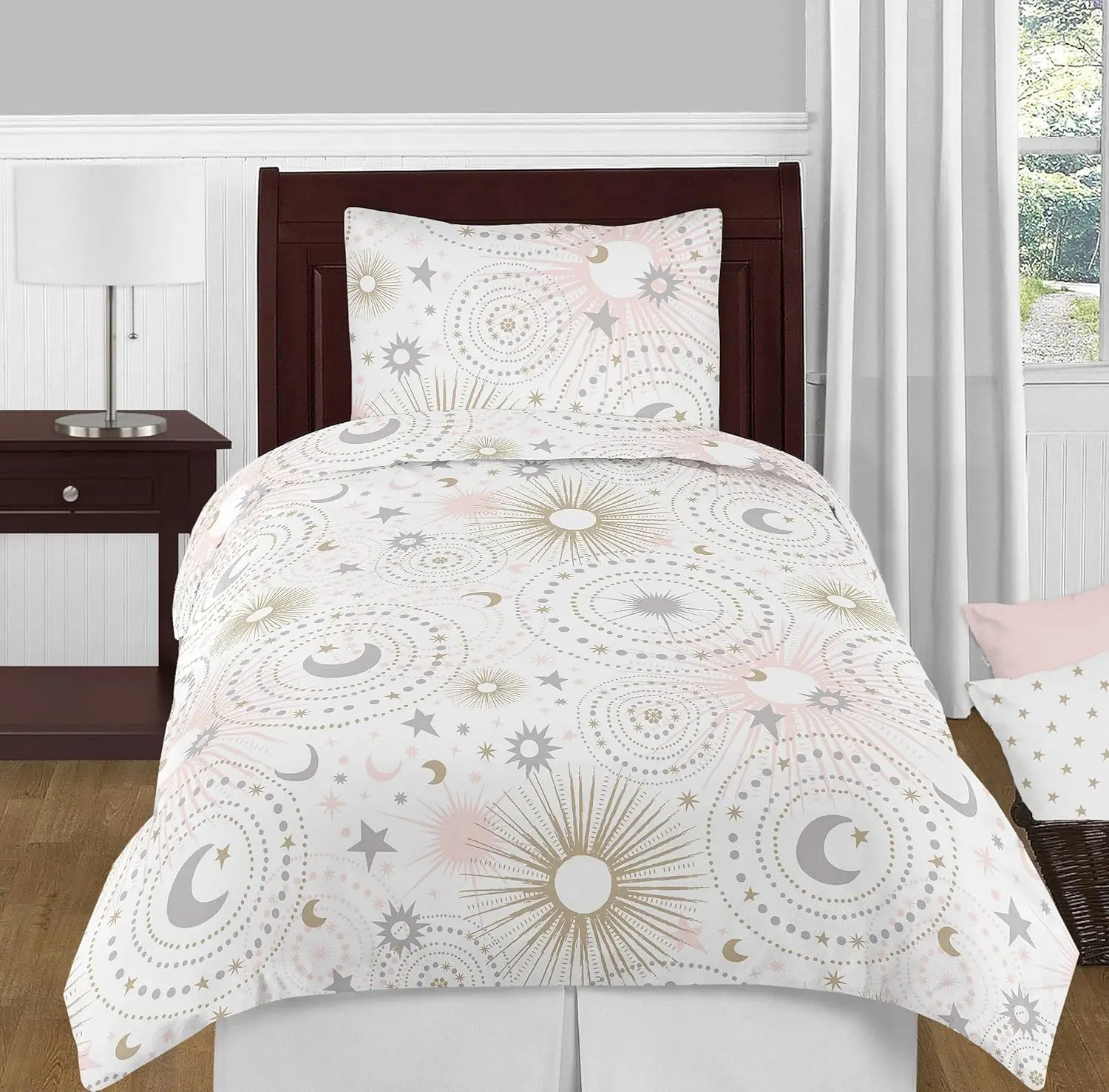 3-Piece Blush Pink, Gold, Grey and White Star and Moon Twin Sheet Set for Celestial Collection Set