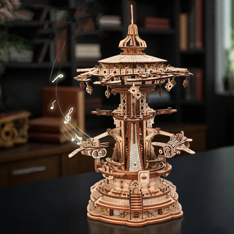 DIY 3D Wooden Castle in the Sky Miniature Model Kits Mechanical Rotation Assembly Jigsaw Puzzles for Friends Birthday Gifts