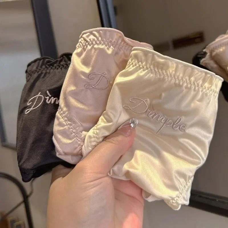 Ropa interior de satén sedoso con letras bordadas para mujer, bragas de tiro bajo, entrepierna de algodón puro, Sexy, puro deseo, levantamiento de