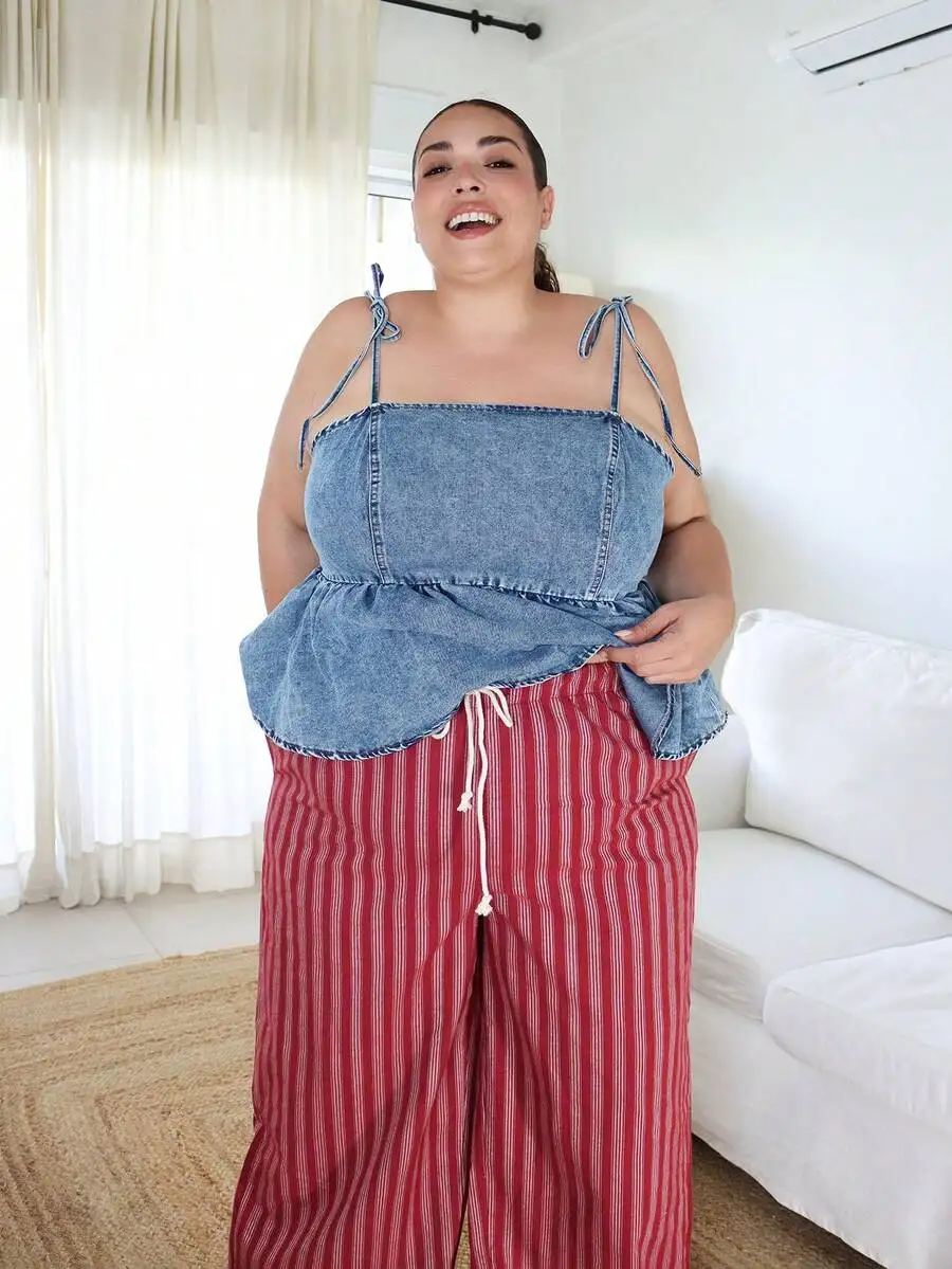 Pretty and Ole Plus Size Versatile Casual Simple Cotton Rope Tie Waist Red Striped Wide Leg Pants
