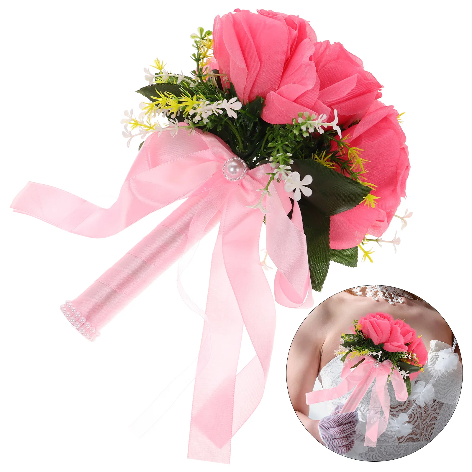 

Bouquet Bridal Holder Artificial Rose Flowers White Satin Ribbon Lightweight Wedding Party Stage Fake Floral Handheld