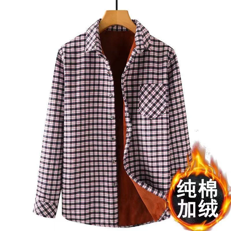 Men Autumn Winter New Square Collar Cardigan Fashion Simple Plaid Leisure Shirt Button Pockets Spliced Fleece Long-sleeved Tops