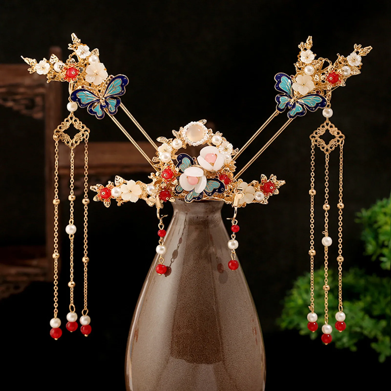 Chinese Hair Sticks Tiaras Headpiece Women Pearl Tassel Red Flower Hairpins Forks Vintage Hanfu Wedding Hair Accessories Jewelry