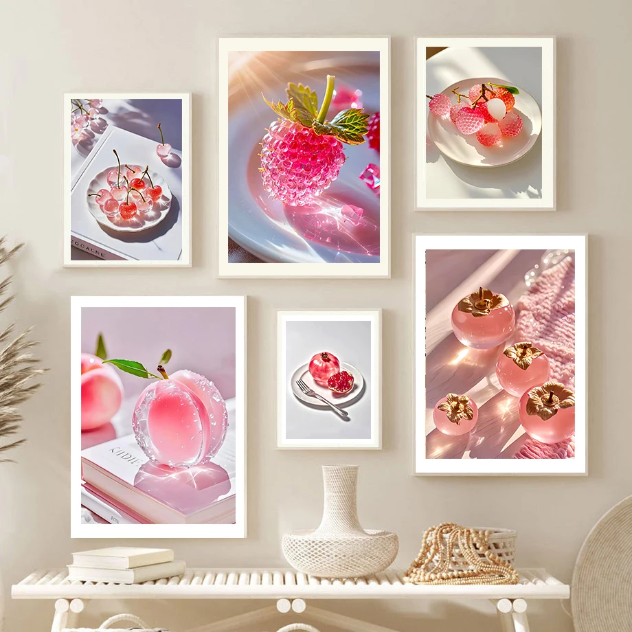 Pink Sparkly Crystal Diamond Alluring Fruit Art Printed Poster Wall Art Canvas Painting Nordic Poster Home Living Room Decor