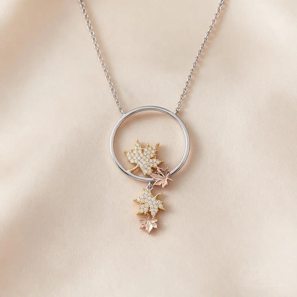 Luxury Tri Tone Silver Gold Rose Gold Layered Maple Leaf Pendant Necklace Paved With Sparkling Zirconia Copper Jewelry For Women