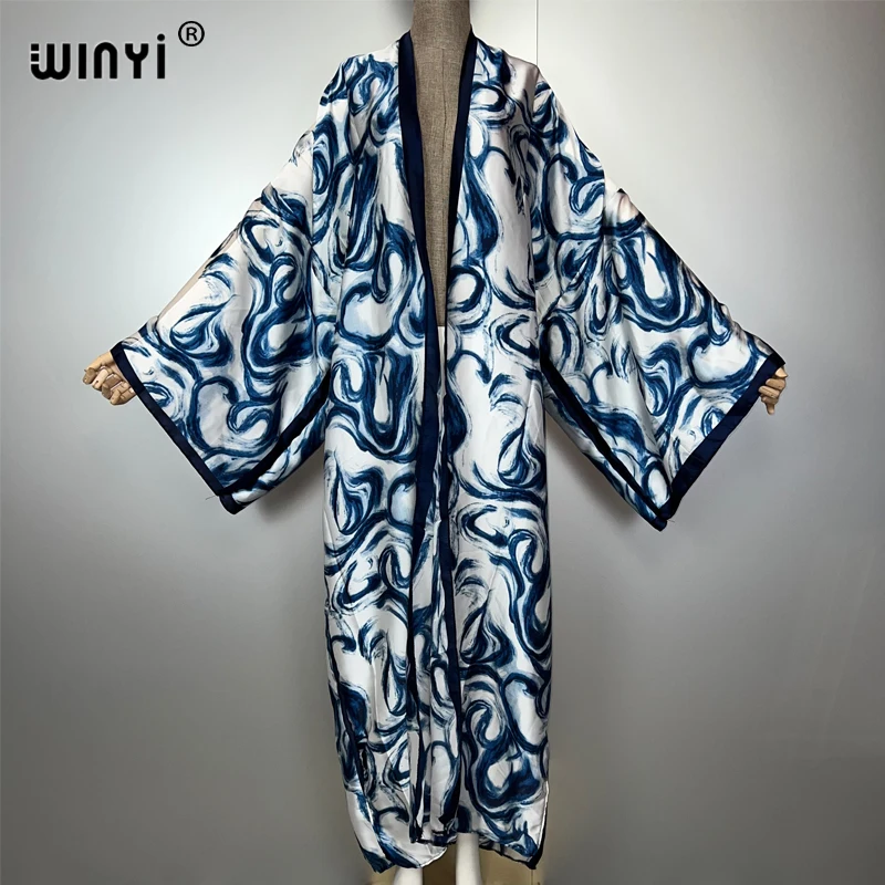 

WINYI Bohemian cardigan dress Africa Kaftan beach outfits woman Summer silk feeling Kimono beach cover up abaya dubai luxury