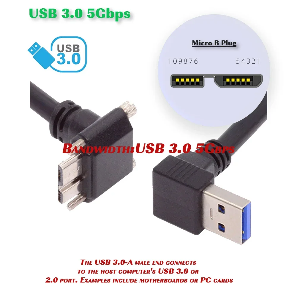Câble USB 3.0 vers Micro USB 3.0 avec vis, câble de panneau à vis coudé haut et bas, câble de verrouillage coudé haut et bas, résistant à 90, AM MicroB, 0.25m