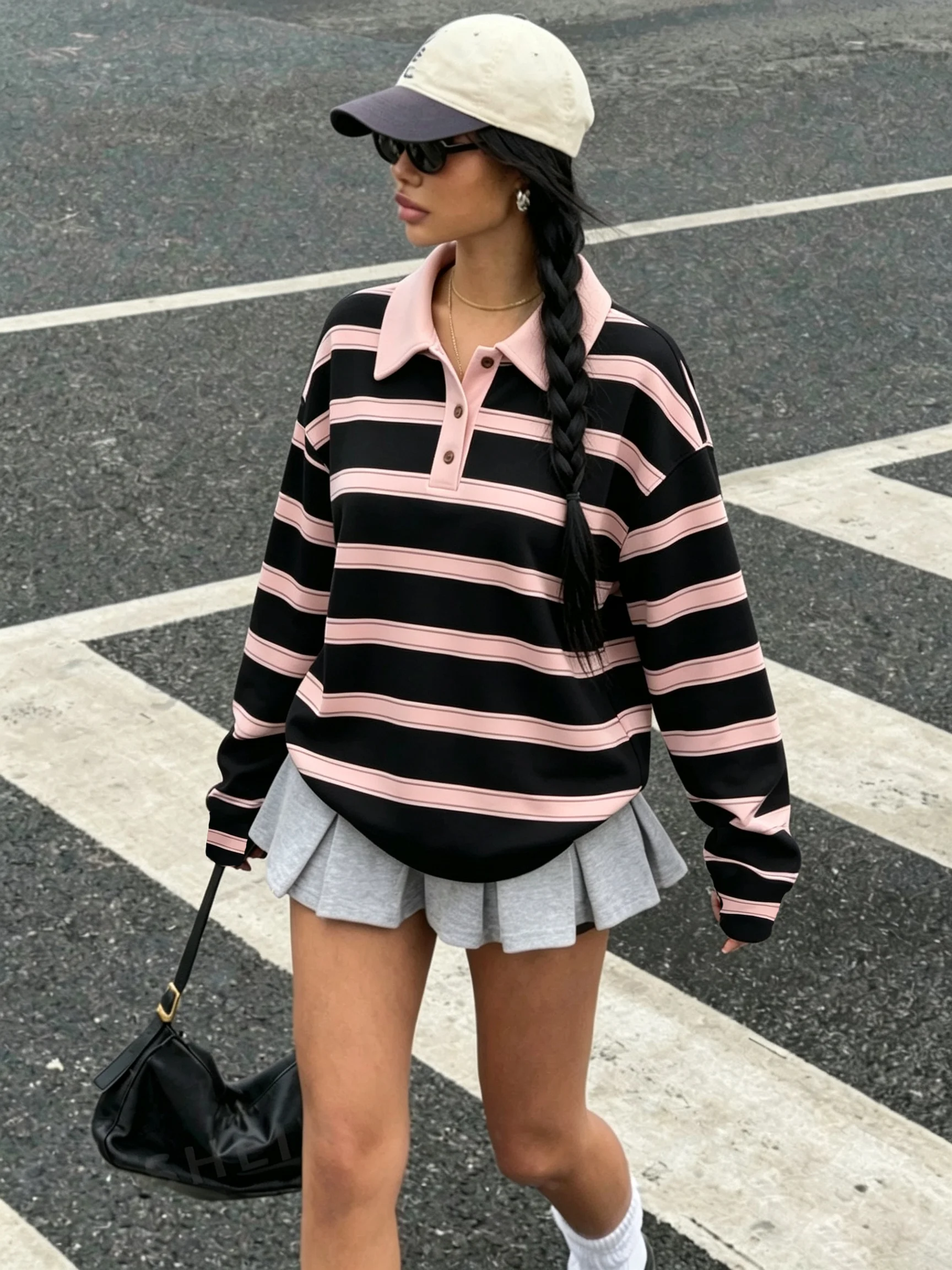 Women's Autumn Casual Lapel Button Color Block Geometric Pattern Long Sleeve Hoodie Top for Daily Travel