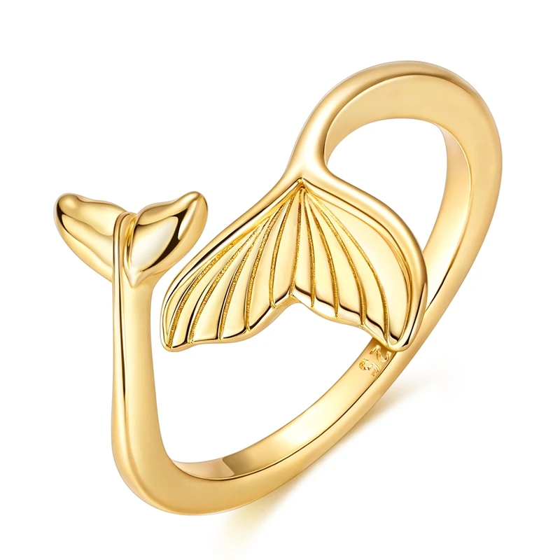 Original 925 Sterling Silver Ring Sparking Gold Fishtail Open Rings For Women Girls Jewelry Birthday Anniversary Gifts