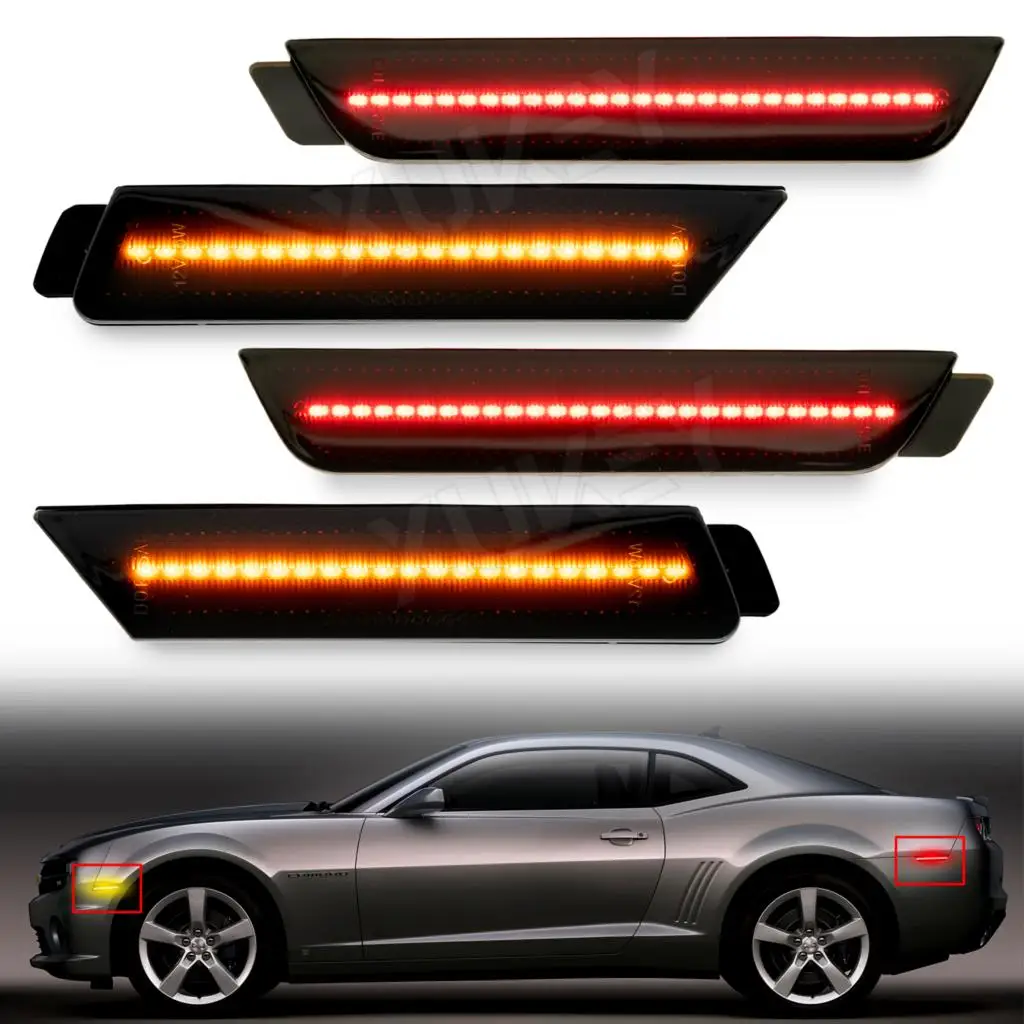 

4x Car Front Rear Sidemarker Lamp Amber Red for Chevrolet Camaro 2010-2015 Bumper LED Fender Side Marker Blinker LR Smoked Lens