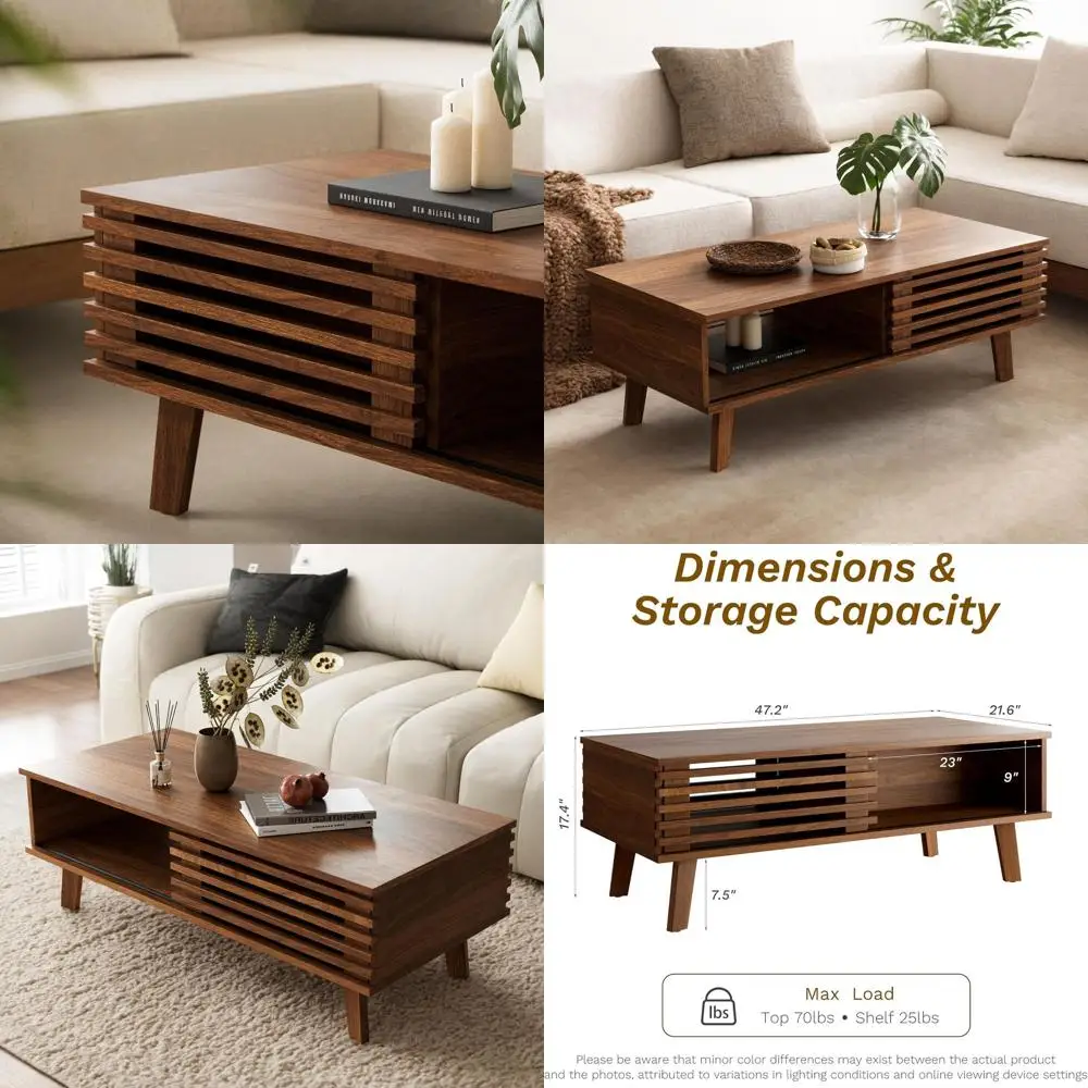 

Walnut Century Coffee Table with Storage and Sliding Door for Living Room