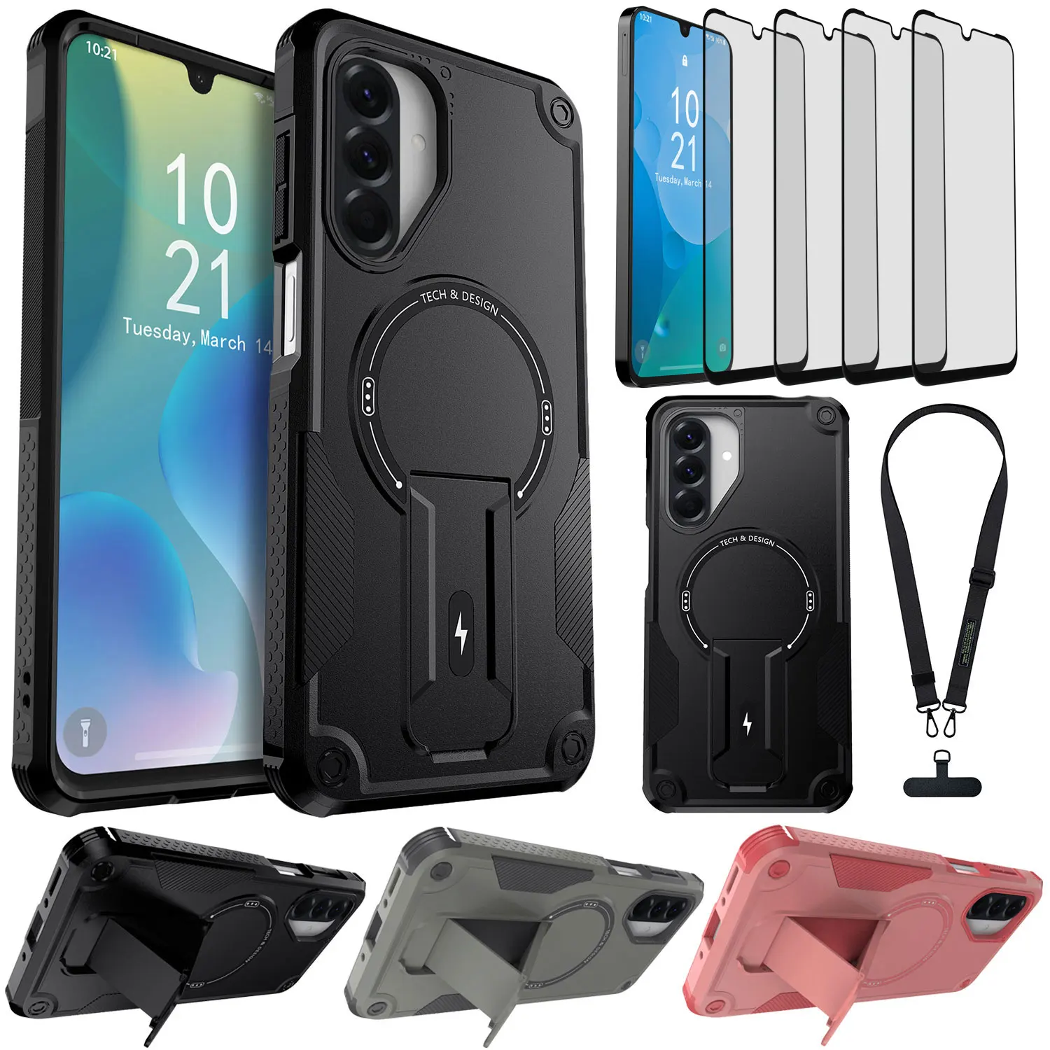 

Для Samsung Galaxy A17 Магнитный противоударный чехол-подставка-держатель + цепочка для телефона + 4 шт. прозрачное закаленное стекло для защиты экрана