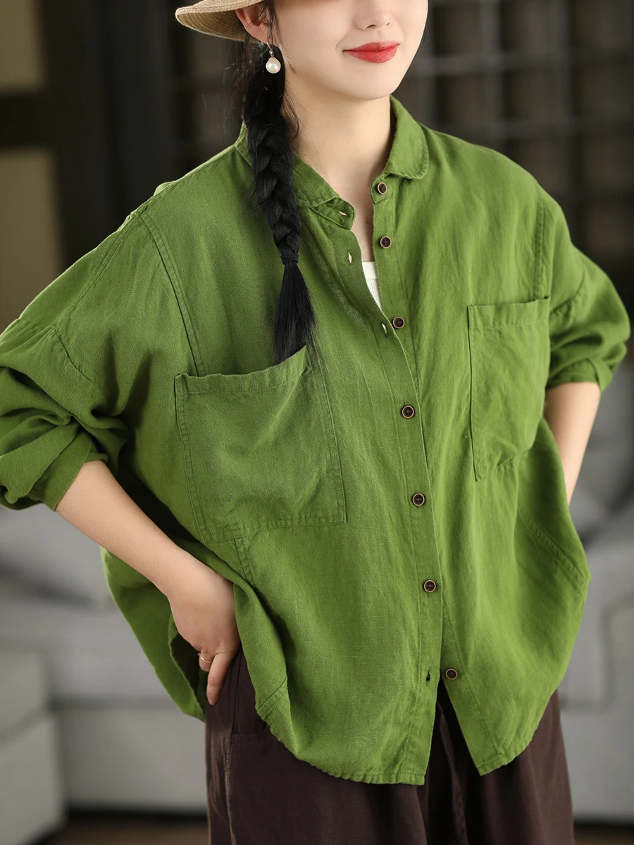 

Retro Washed Linen Shirt Jacket Long Sleeve Turn-down Collar Single Button Spring Women's Comfortable Breathable Loose Fit