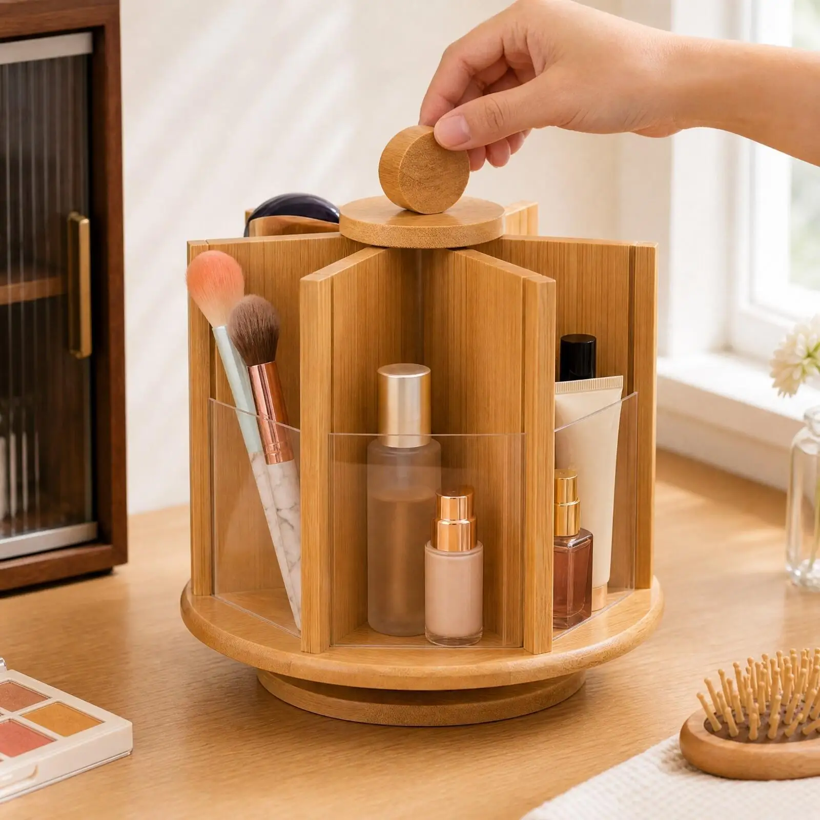 Bamboo Spinning Storage Rack for Vanity Counter Multi Purpose Rotating Holder for Cosmetics Skincare and Personal Care Items