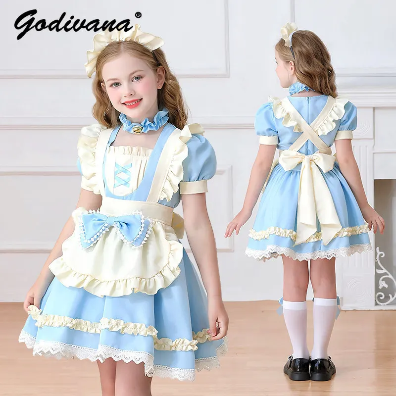 

Childrens Performance Maid Cosplay Costume Sweet Girls Pastoral Lolita Princess Dress Kids Puff Sleeve Ruffle Trim Ball Gown