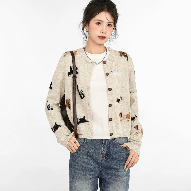 Gentle Cardigans Women Knitted Crop Tops Animal Printing Lovely Streetwear Casaco Malha Feninino Ropa Elegante Para Mujer Tender