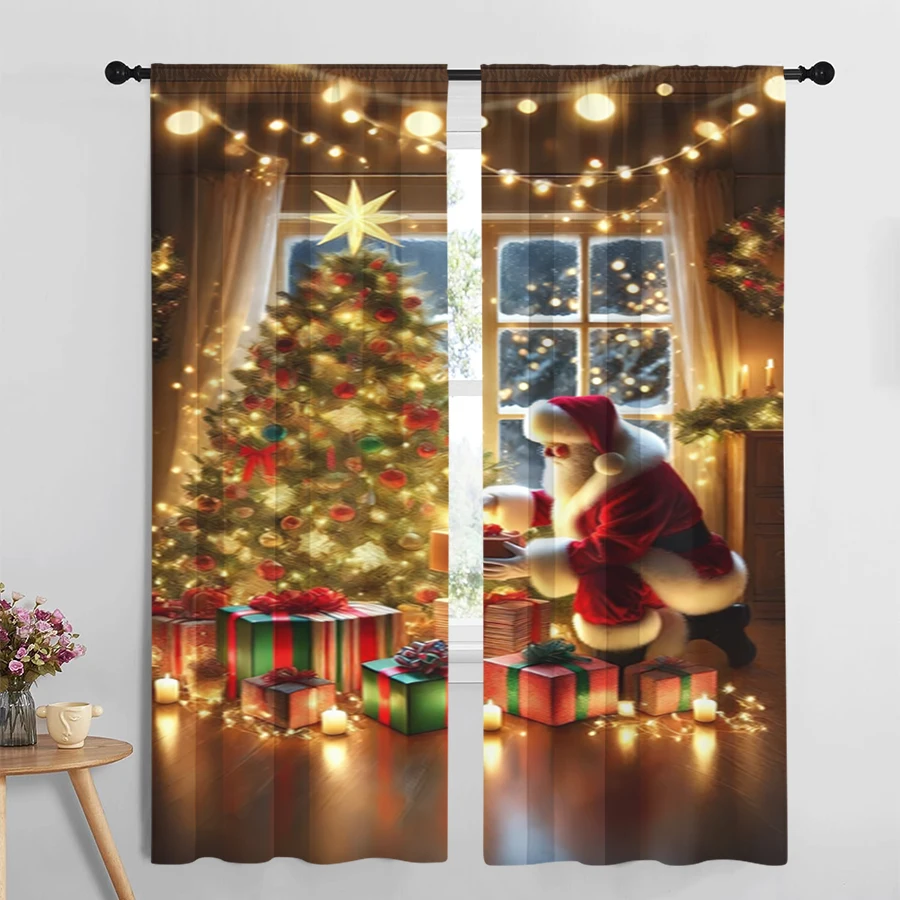2PCS Digital Print Christmas Curtains, Santa Placing Gifts Tree Warm Light, Classic Heartwarming Window Drapes for Holiday Decor