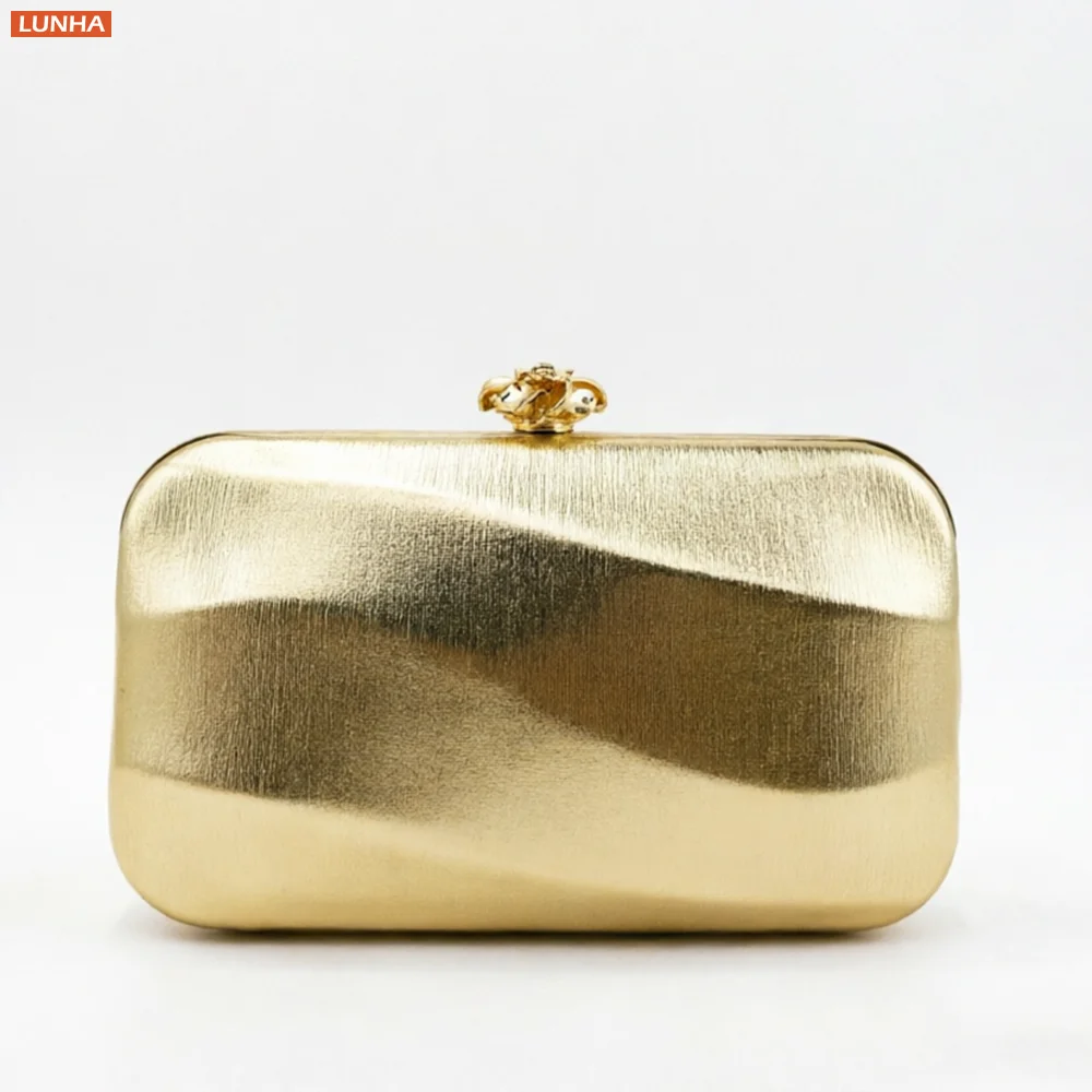 Luxurious Gold Clutch Banquet Handbag Round-Corner Glossy PU Hard Box Evening Bag with Chain Strap Luxury Party Purse for Women