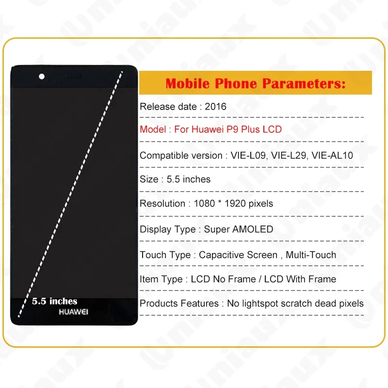 5.5 "display original para huawei p9 plus display lcd digitador assembléia da tela de toque com quadro p9 plus substituição do painel da tela