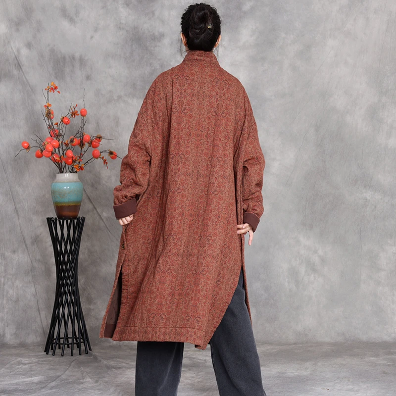 سترات نسائية سميكة من Wram وصلت حديثًا معاطف طويلة شتوية عتيقة موديل 2025 مطبوعة بالزهور معاطف طويلة فضفاضة على شكل حرف a للسيدات M2035