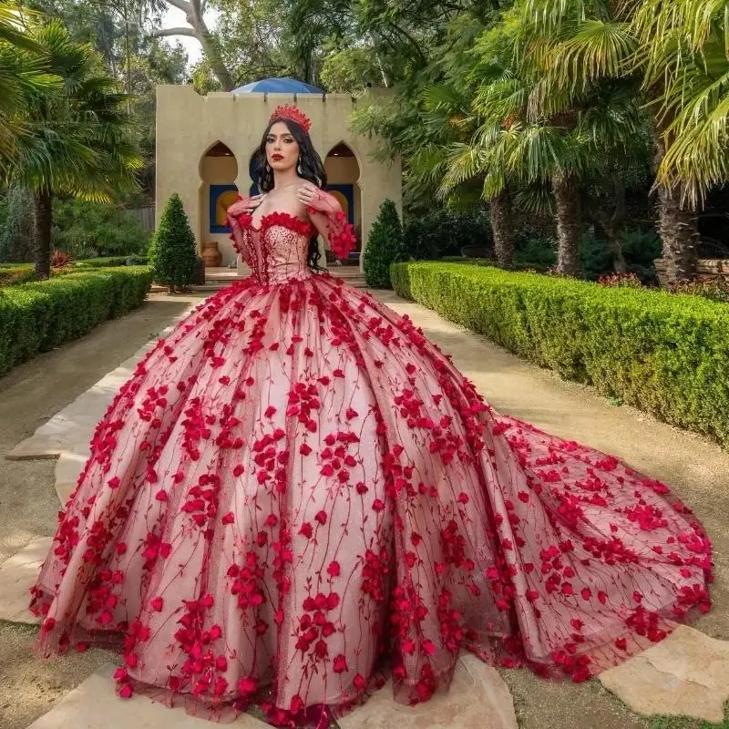 

Red Shiny Ball Gown Quinceanera Dress Tulle Appliques Flowers Lace Off Shoulder Sweet 16 Birthday Party Formal vestidos de 15