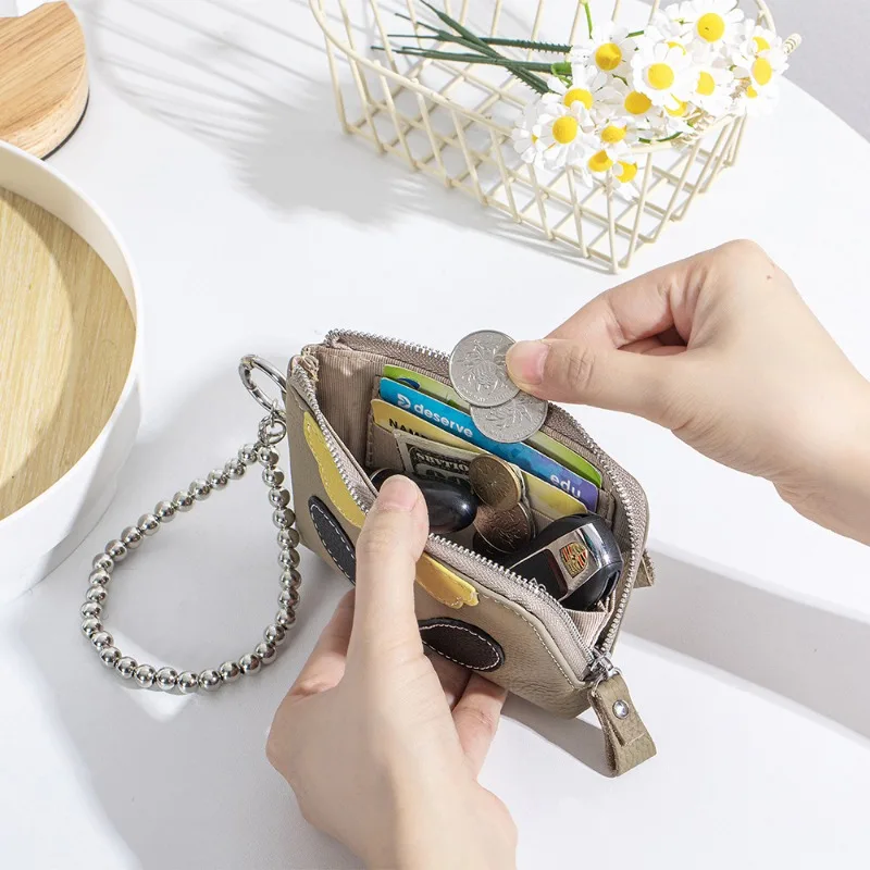 Multi-purpose Floral Color Block Cowhide Pouch,Ladies Small Zipper Coin Bag with Wrist Chain To Store Lipstick Coins Small Cards