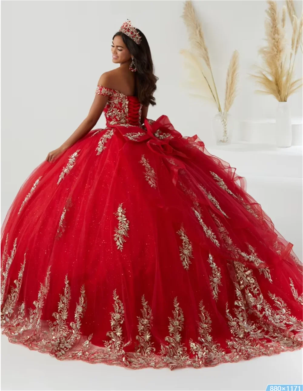 Princess Red Off Shoulder Quinceanera Dress Ball Gown Off  Lace Applique Beaded Bow Corset Sweet for Wedding