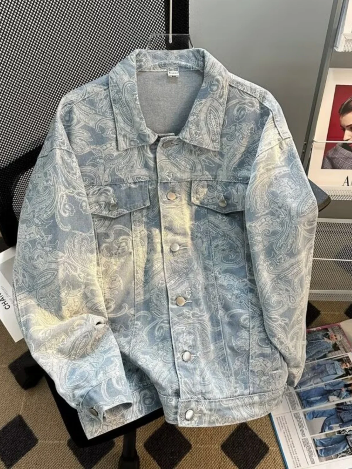 

Spring Autumn Printed Denim Jacket For Men Lapel Flower Pattern High Street Jackets American Casual Fashion Vintage Loose Coat