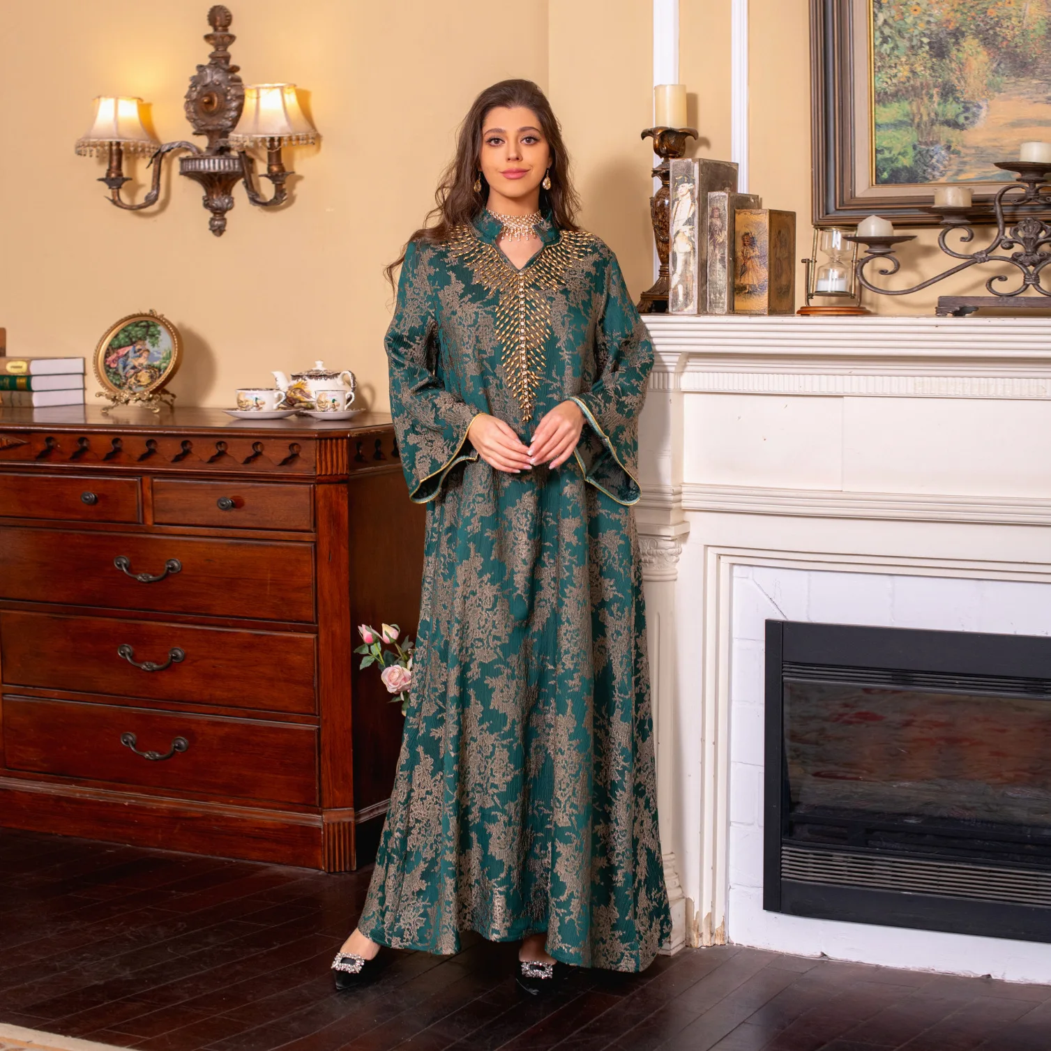 Muslim Ramadan Eid Embroidery Beading Casual Abaya For Women Jalabiyat Gulf Bindalli Long Sleeve Evening Gown