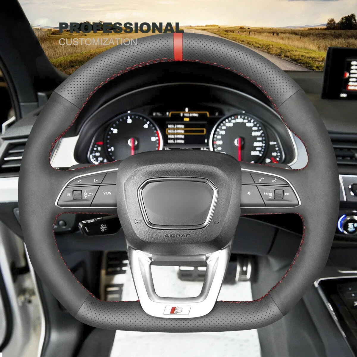 

DIY Custom Hand Suture Leather Suede Steering Wheel Cover Wrap For Audi RS Q8 SQ5 2018 2019 2020 2021 2022 Car Accessories