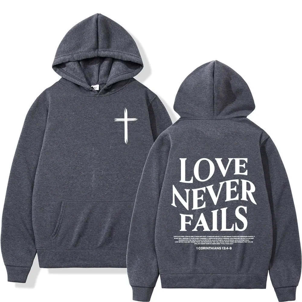 Christian Jesus Love Never Fails Bible Verse Hoodies Men\'s Women Clothing Harajuku Vintage Hooded Sweatshirts Hip Hop Tracksuit