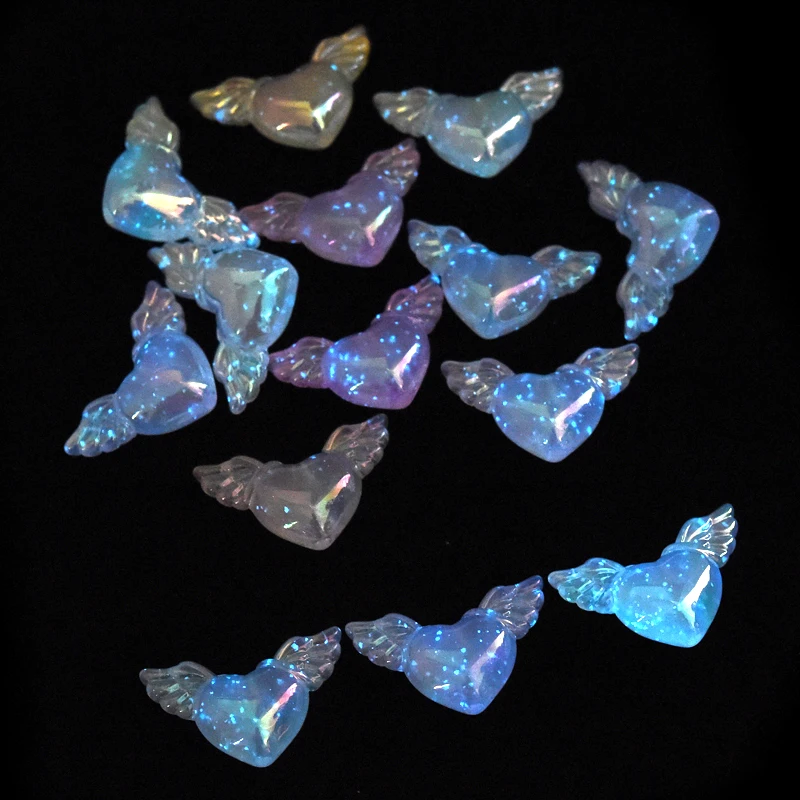 21x35mm 10Pcs Heart Wing Shape Starry Sky Luminous Beads Acrylic Loose Spacer Beads For DIY Jewelry Making Necklace Bracelet