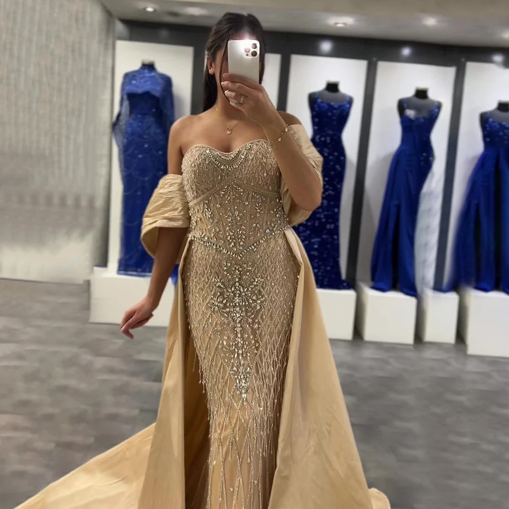 Serene Hill Nude Beaded Mermaid Evening Dresses Off Shoulder Shawl Crystal Detailing For Formal Occasion Customized 2025 LA72819