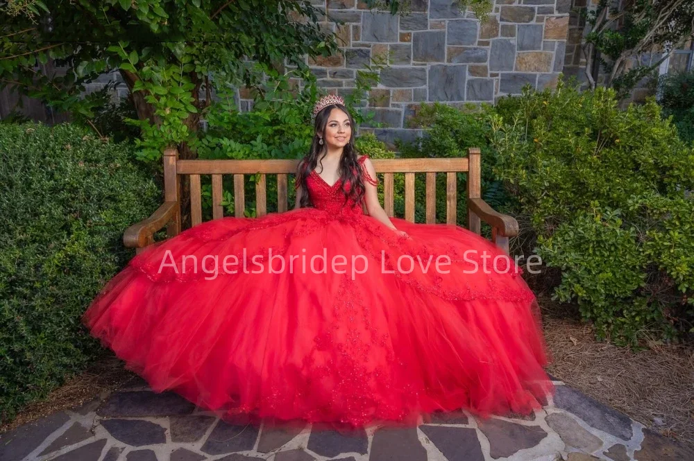 Angelsbridep Customized Red Ball Gown Quinnceanera Dresses  For 15 Years Lace Appliques Off Shoulder Party Vestidos De Fiesta