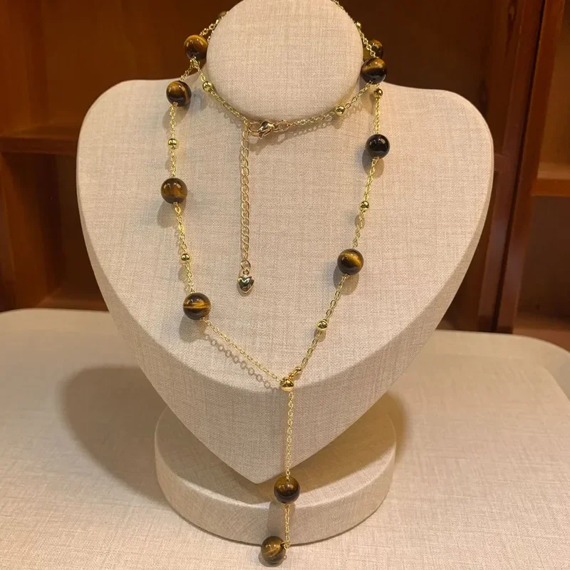 Tiger's eye stone necklace Vintage Maillard long multi-layer neck chain accessories Amber streamer Tiger's eye stone Y chain
