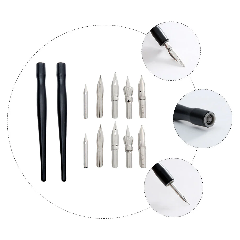 

2 Sets/12pcs Comic Pen Cartoon Handle Drawing Dip Penholder Plastic Pens Painting Supplies Bracket Metal