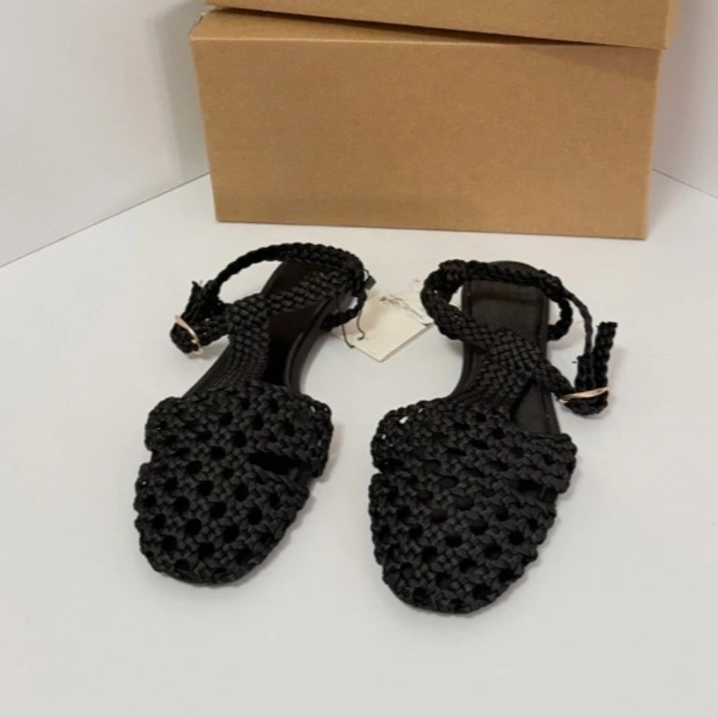Summer Women Flat Sandals Retro Black Woven Crochet Casual Walking Shoes Fashion Square Closed Toe Slingback Outdoor Flats