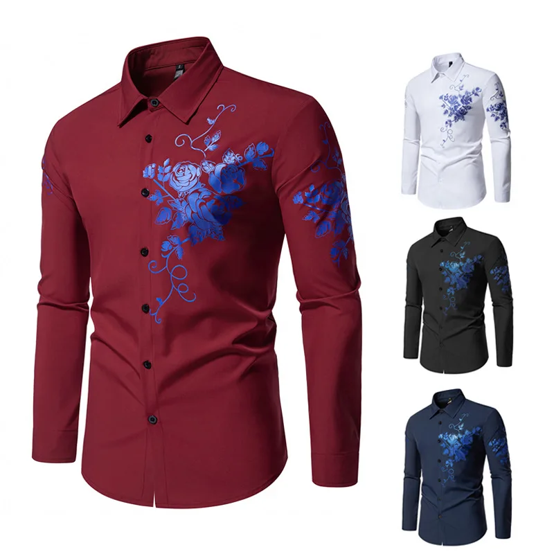 Men's Shirt Spring and Autumn New European Flower Hot Gold Triangle Neck Long Sleeve Shirt, Trendy Men