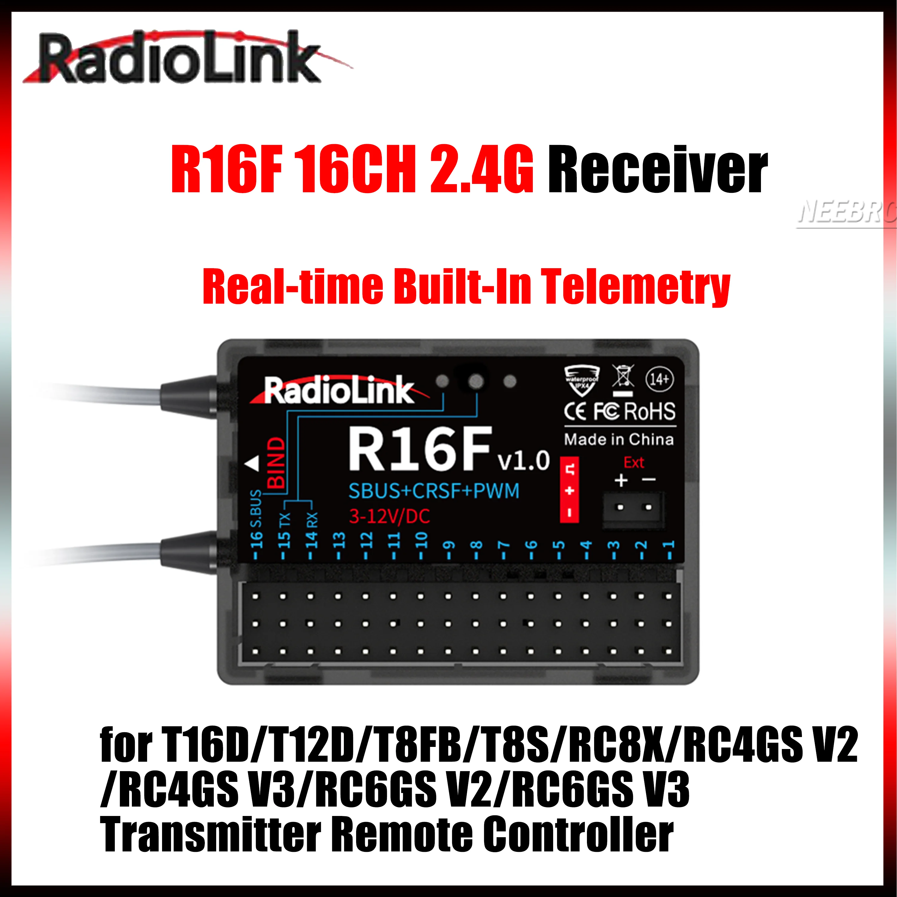 

Радиоприемник Radiolink R16F, 16 каналов, с гироскопом, 2.4G, передача напряжения в реальном времени, встроенная телеметрия, 3-12В DC, для радиоуправляемых машин, лодок, самолетов