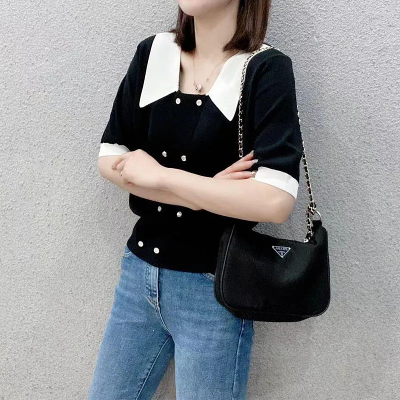 Women Korean Loose Double Breasted Pullovers Shirt 2023 Summer New Elegant Fashion Short Sleeve Polo Neck Casual Blouses Female